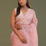 Soft Salmon Pink Organza Embroidery Saree With Scallop Border