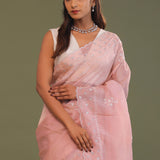 Soft Salmon Pink Organza Embroidery Saree With Scallop Border