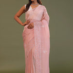 Soft Salmon Pink Organza Embroidery Saree With Scallop Border