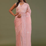 Soft Salmon Pink Organza Embroidery Saree With Scallop Border