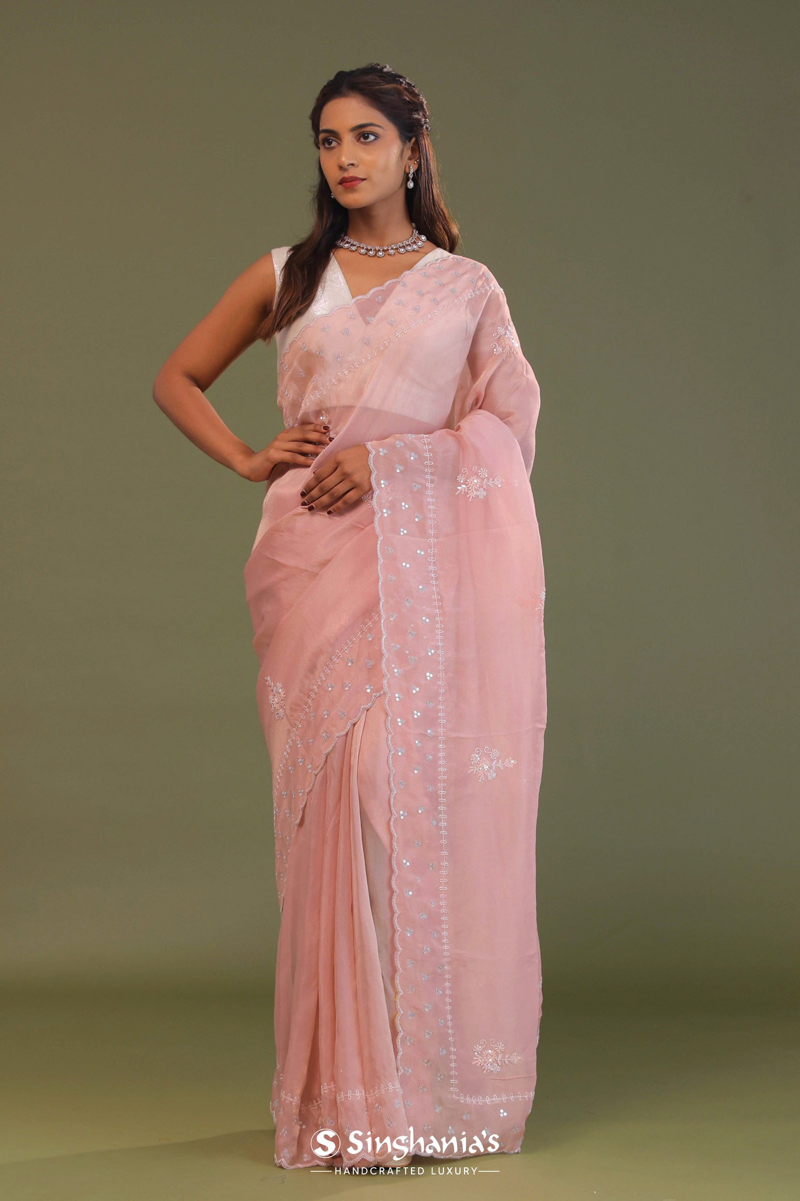 Soft Salmon Pink Organza Embroidery Saree With Scallop Border