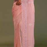 Soft Salmon Pink Organza Embroidery Saree With Scallop Border