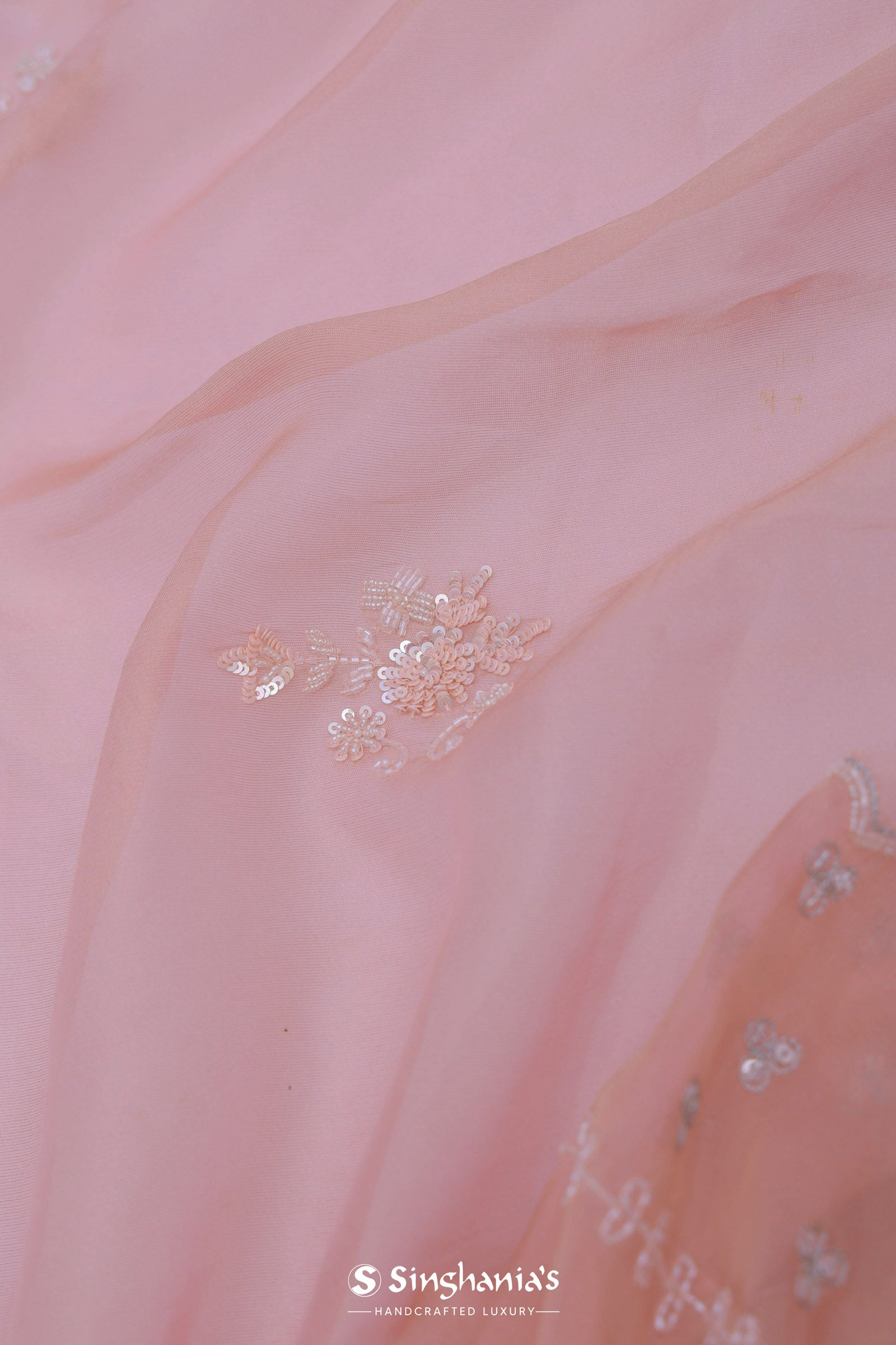 Soft Salmon Pink Organza Embroidery Saree With Scallop Border