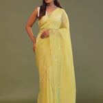 Pale Yellow Organza Embroidery Saree With Scallop Border