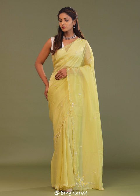 <img> Pale Yellow Organza Embroidery Saree With Scallop Border