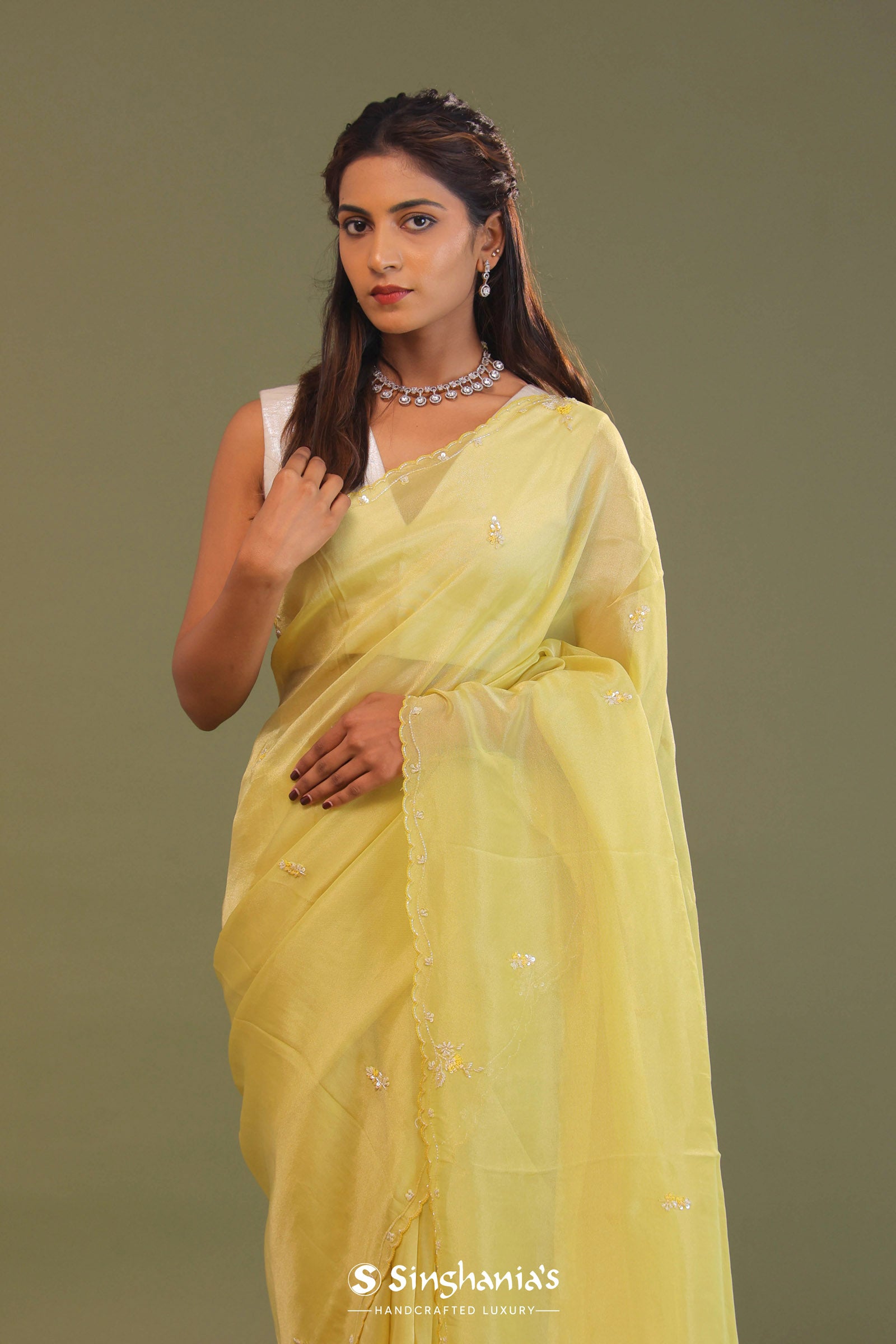 Pale Yellow Organza Embroidery Saree With Scallop Border