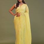 Pale Yellow Organza Embroidery Saree With Scallop Border