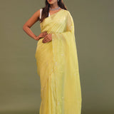 Pale Yellow Organza Embroidery Saree With Scallop Border