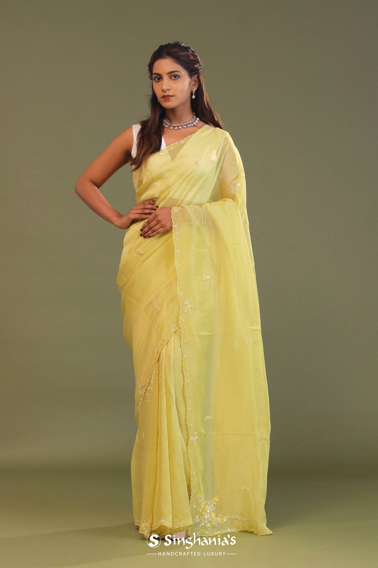 Pale Yellow Organza Embroidery Saree With Scallop Border
