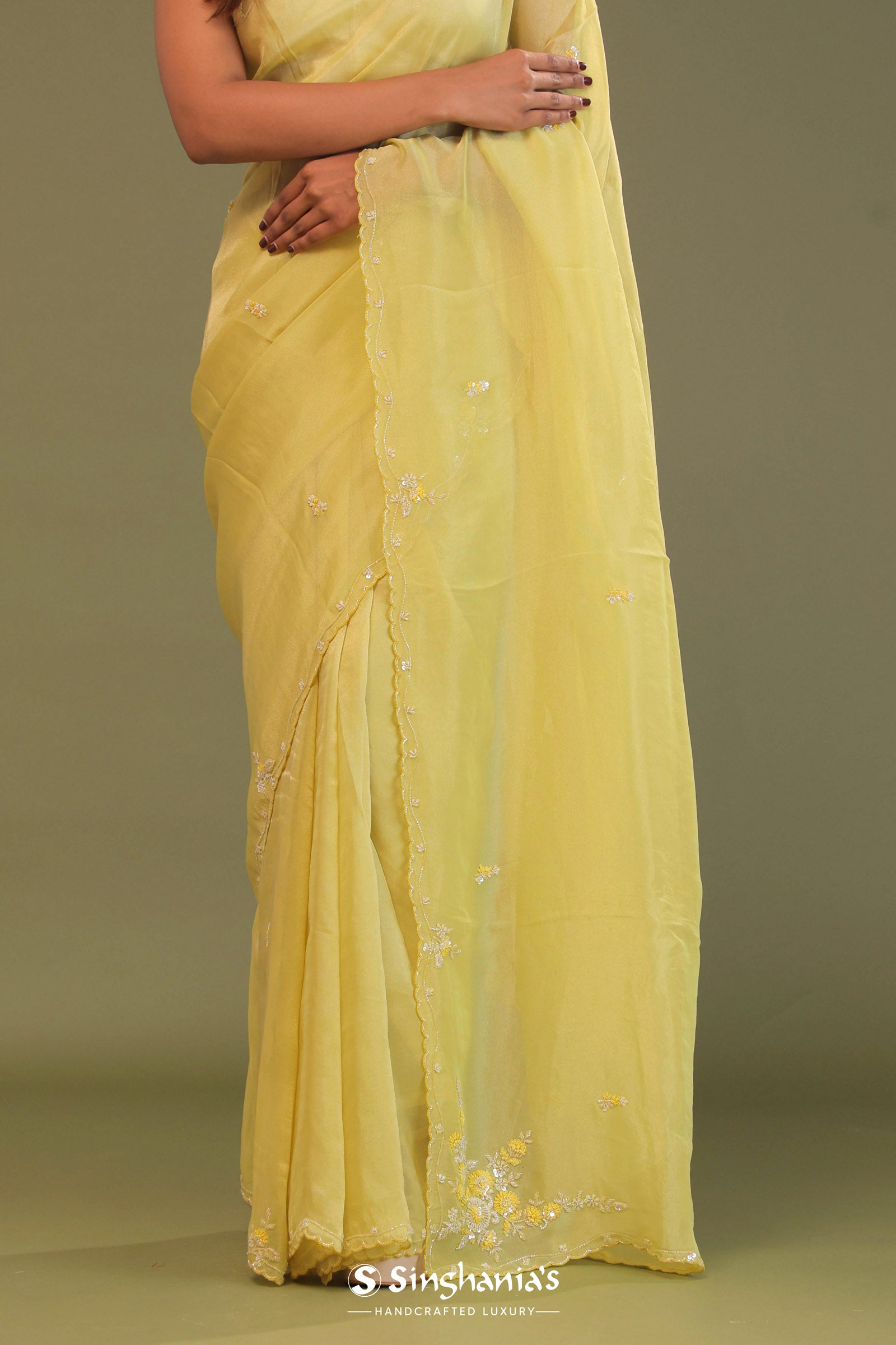 Pale Yellow Organza Embroidery Saree With Scallop Border