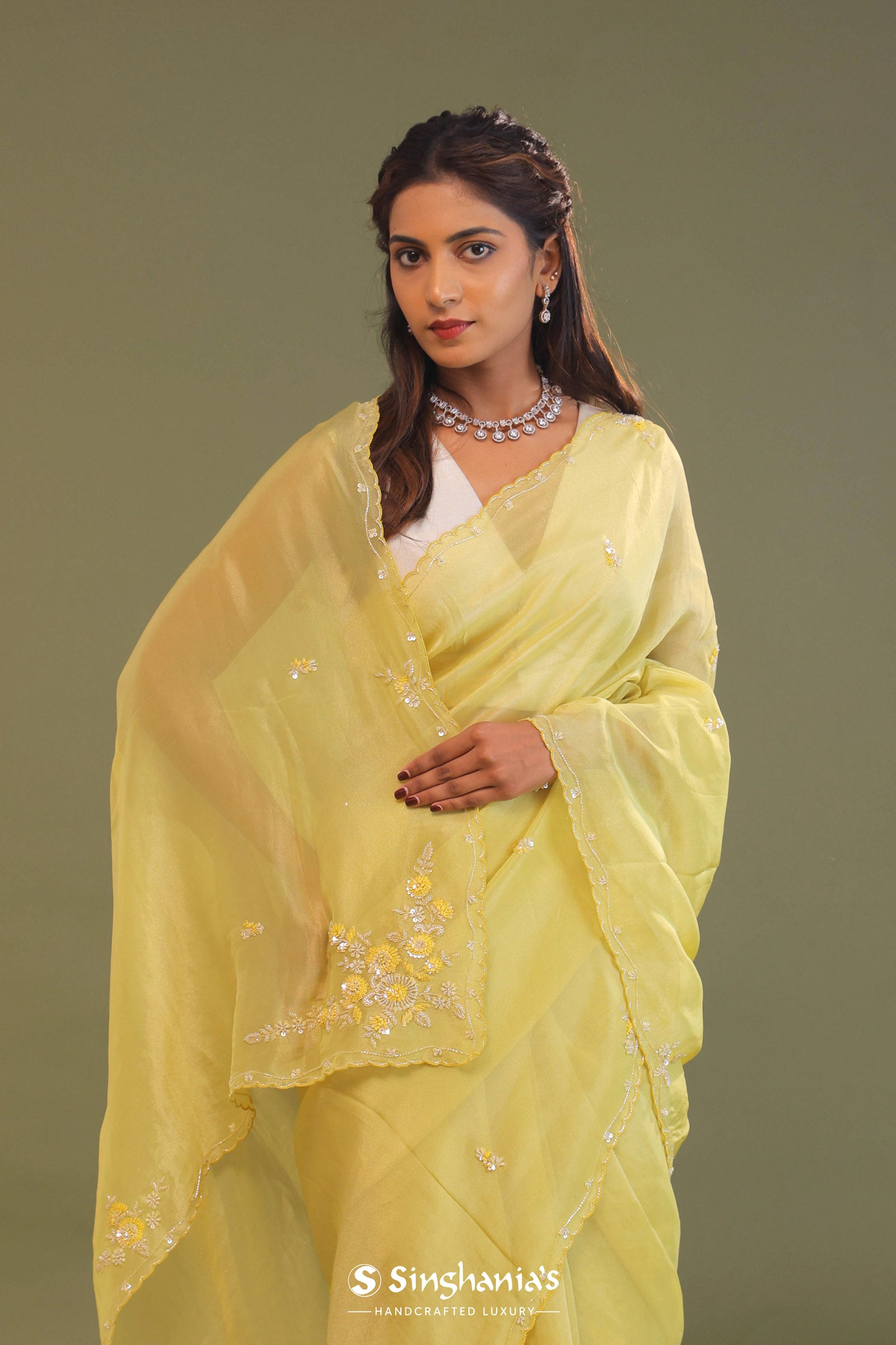 Pale Yellow Organza Embroidery Saree With Scallop Border