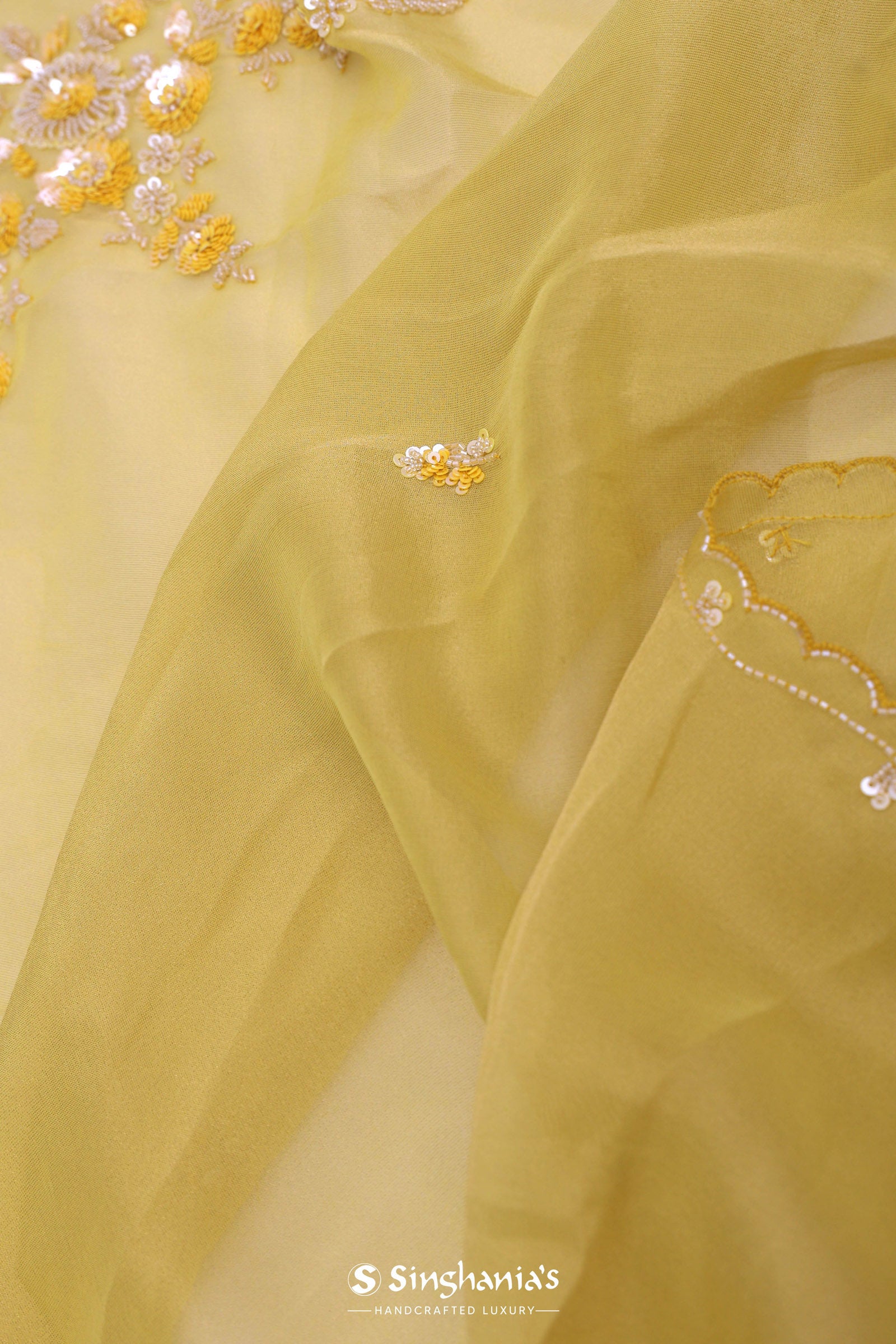 Pale Yellow Organza Embroidery Saree With Scallop Border