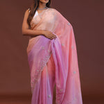 Multi Coloured Organza Embroidery Saree With Scallop Border