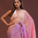 Multi Coloured Organza Embroidery Saree With Scallop Border