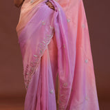 Multi Coloured Organza Embroidery Saree With Scallop Border
