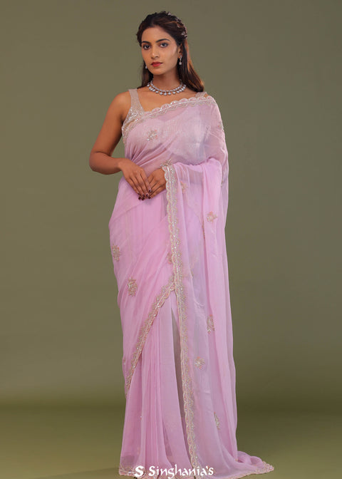 <img>  Blush Pink Organza Embroidry Saree With Scallop Border
