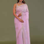 Blush Pink Organza Embroidry Saree With Scallop Border