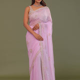 Blush Pink Organza Embroidry Saree With Scallop Border