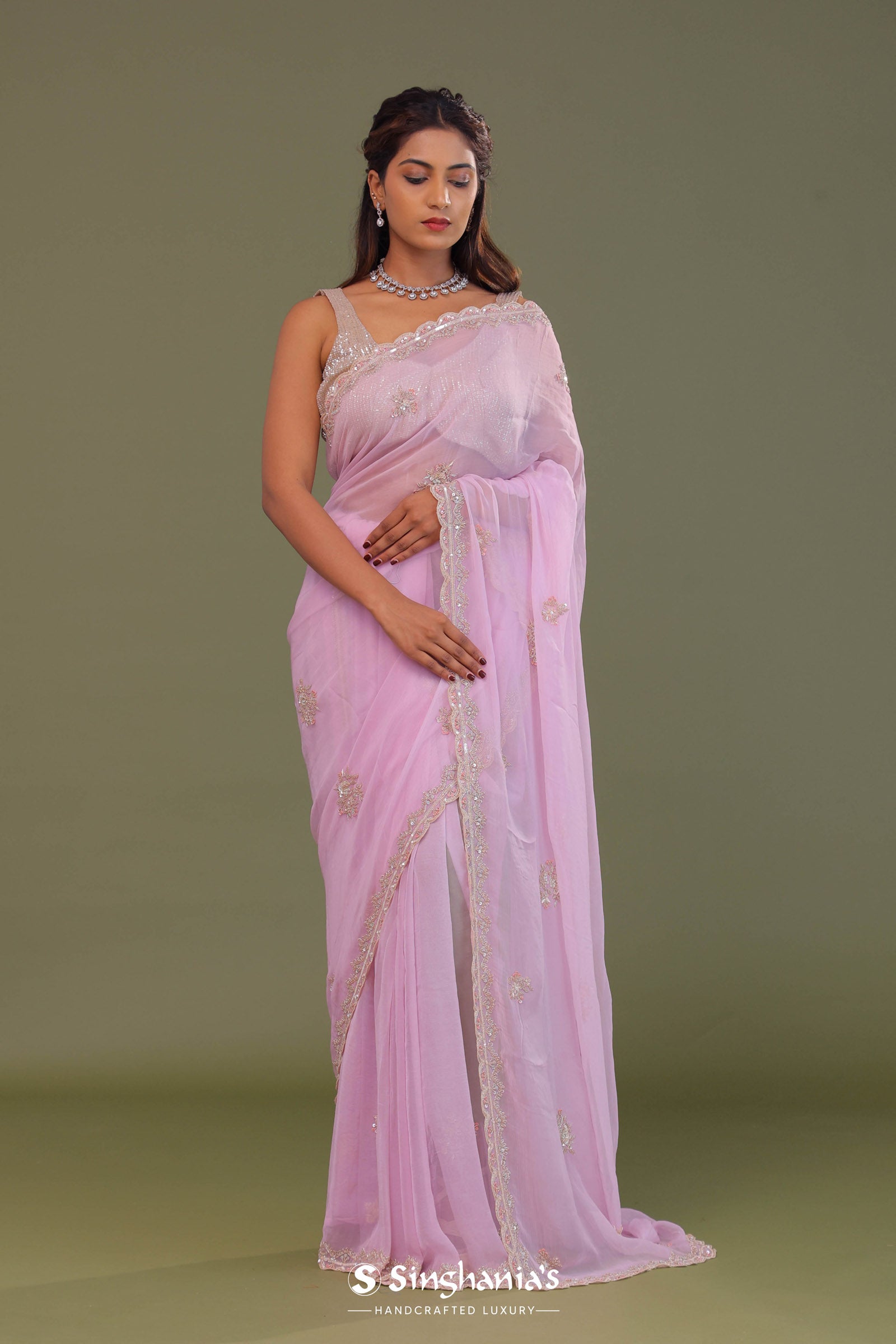 Blush Pink Organza Embroidry Saree With Scallop Border