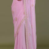 Blush Pink Organza Embroidry Saree With Scallop Border