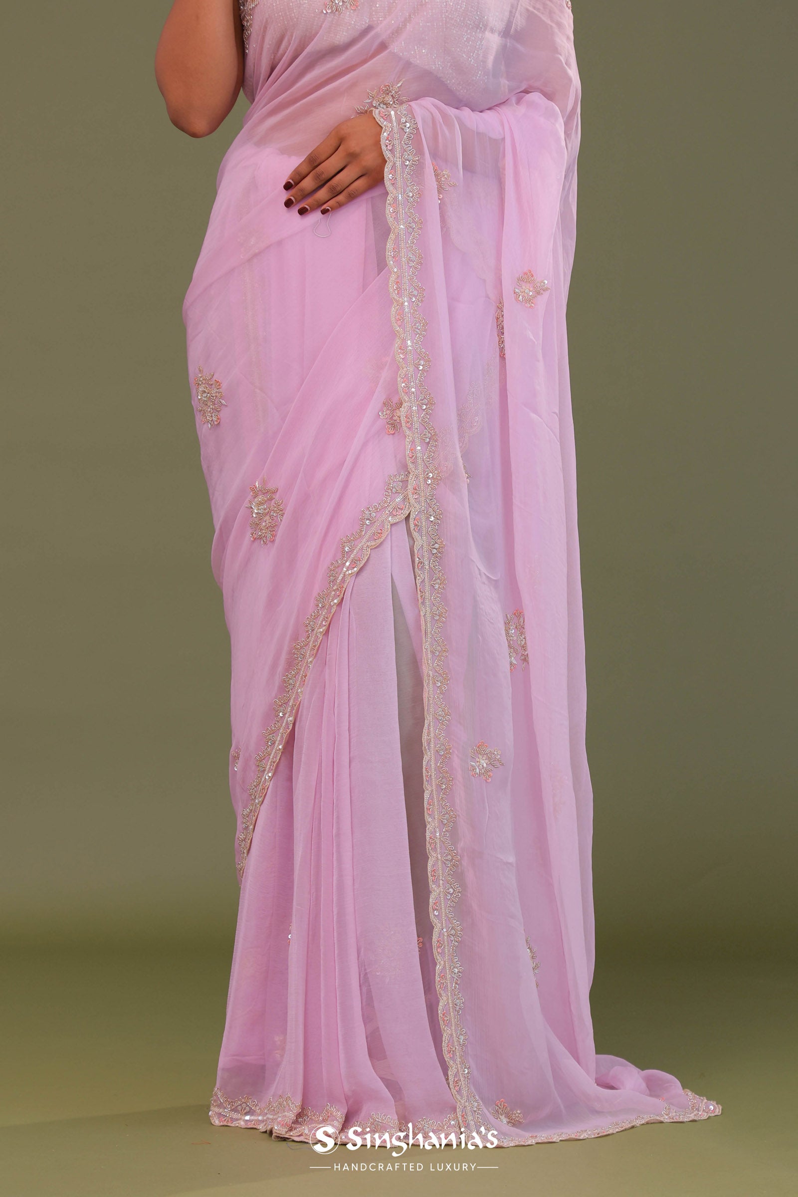 Blush Pink Organza Embroidry Saree With Scallop Border