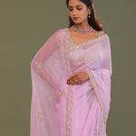 Blush Pink Organza Embroidry Saree With Scallop Border