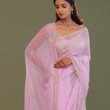 Blush Pink Organza Embroidry Saree With Scallop Border