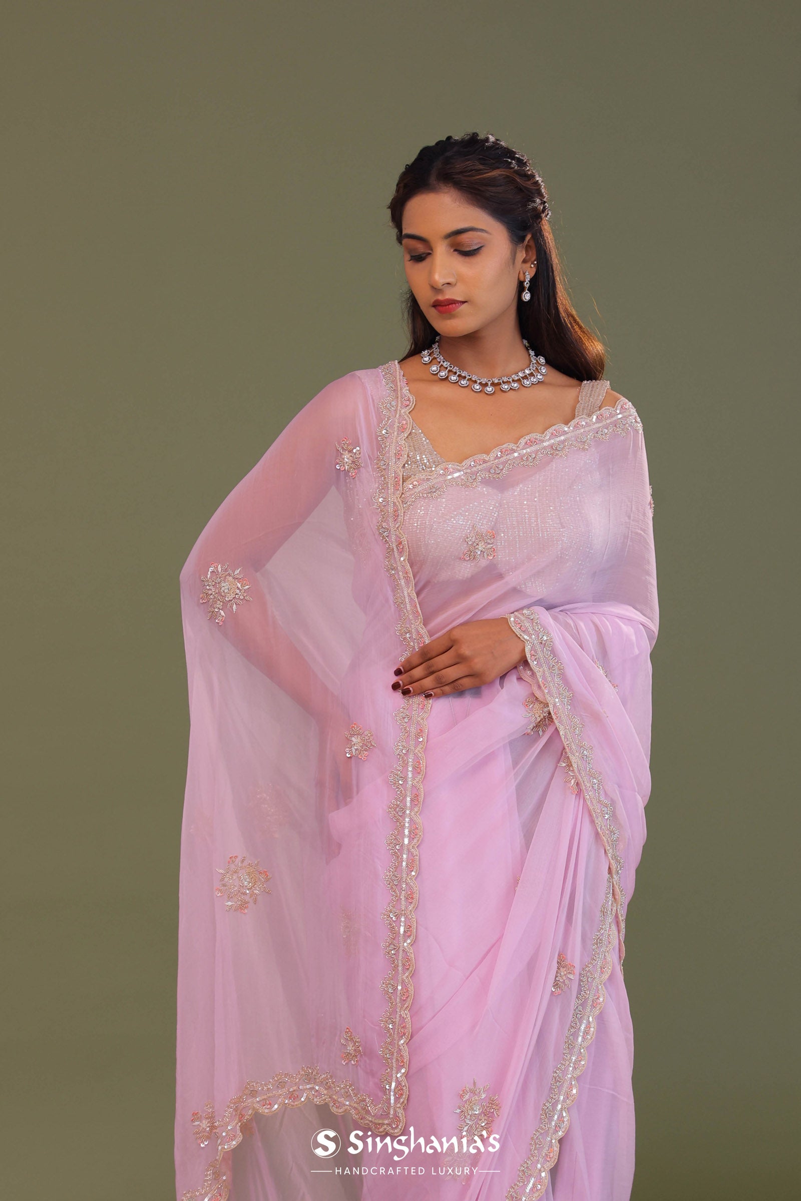 Blush Pink Organza Embroidry Saree With Scallop Border