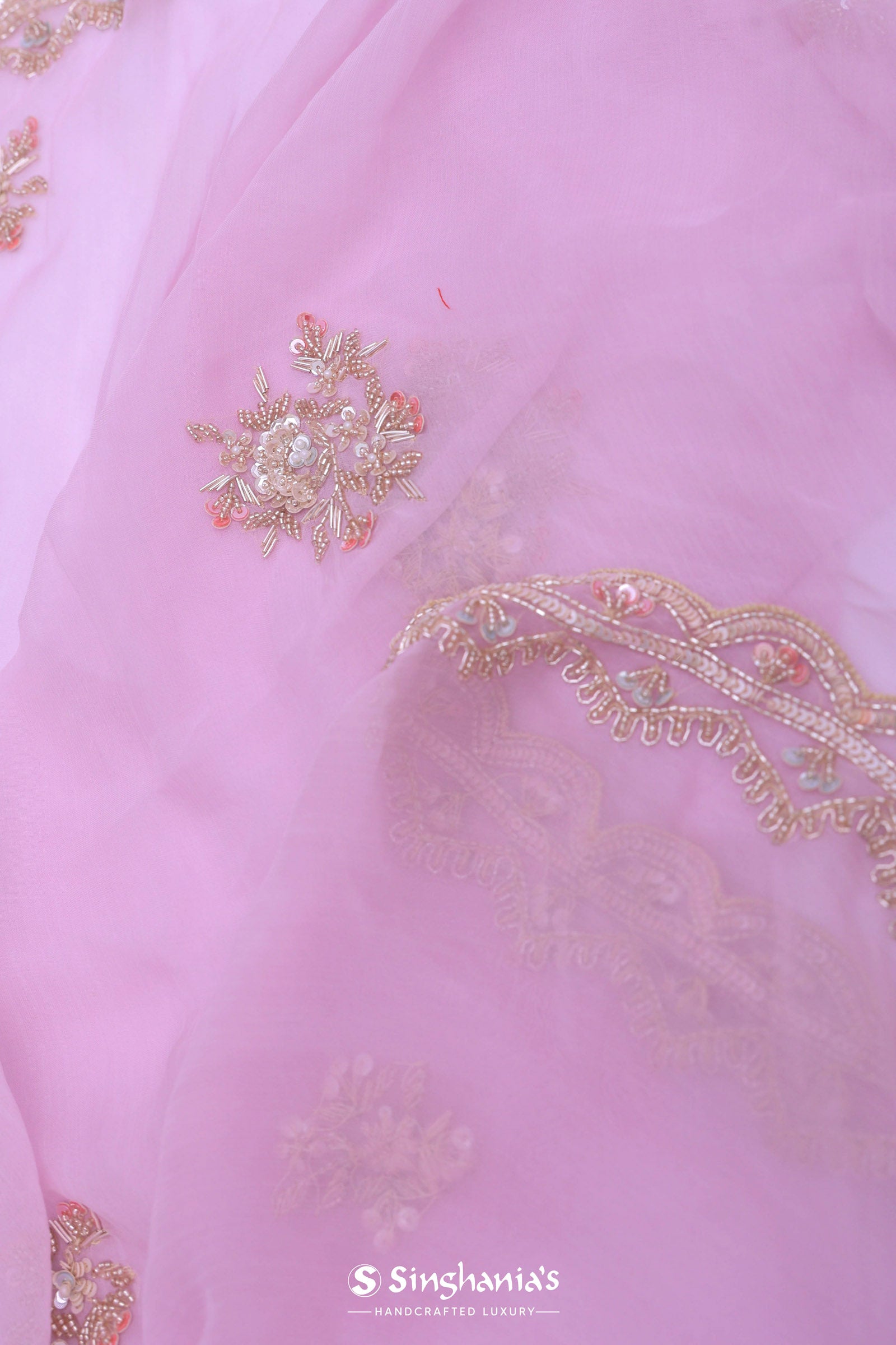 Blush Pink Organza Embroidry Saree With Scallop Border