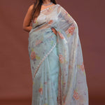 Soft Pale Ice Blue Organza Saree With Scallop Border
