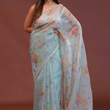 Soft Pale Ice Blue Organza Saree With Scallop Border