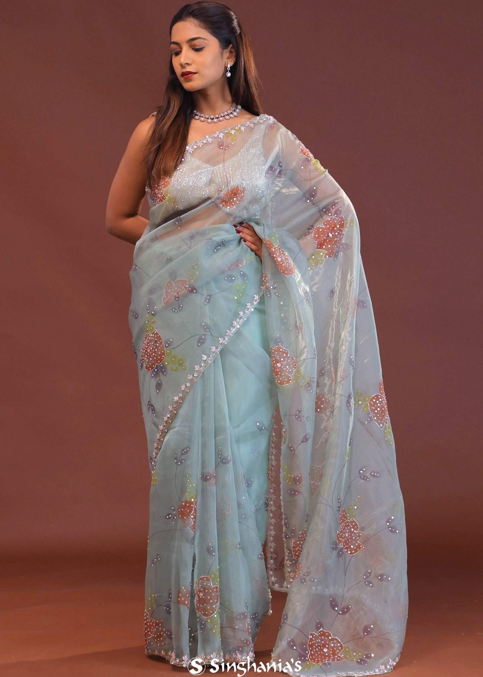 Soft Pale Ice Blue Organza Saree With Scallop Border