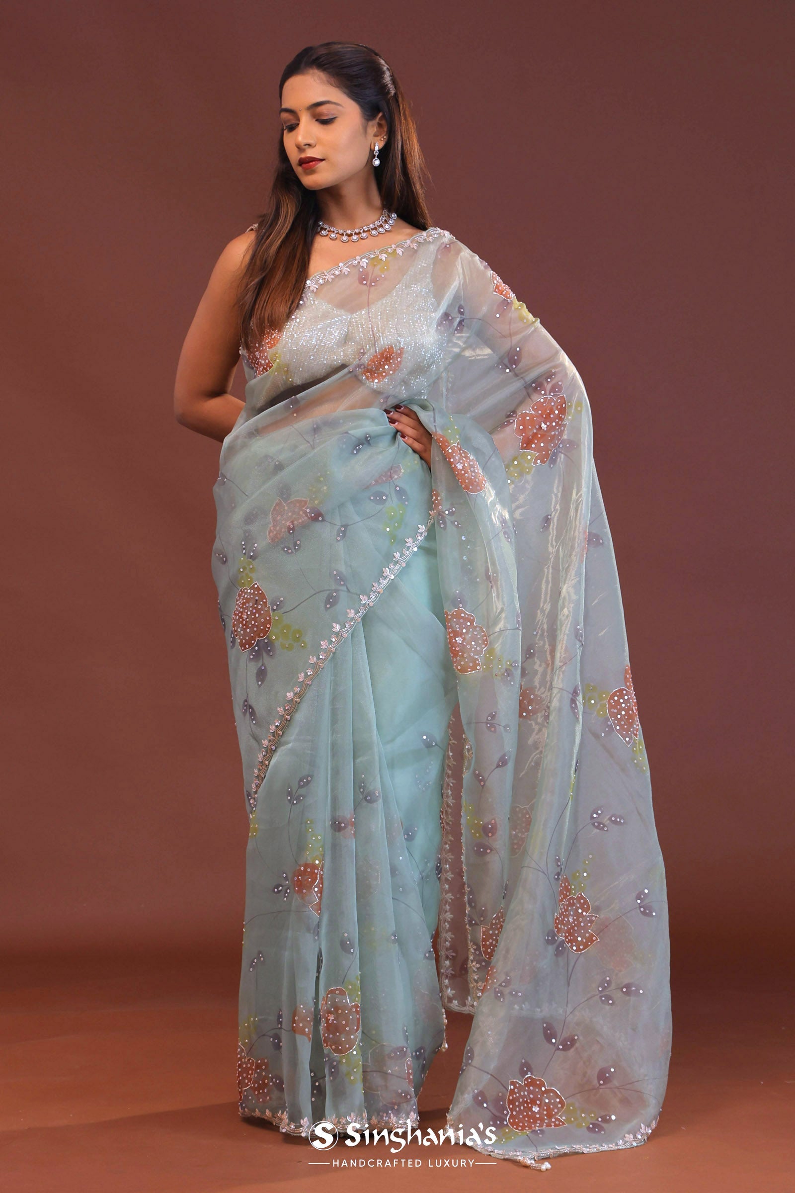 Soft Pale Ice Blue Organza Saree With Scallop Border
