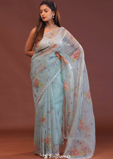 <img> Soft Pale Ice Blue Organza Saree With Scallop Border