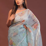 Soft Pale Ice Blue Organza Saree With Scallop Border