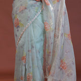 Soft Pale Ice Blue Organza Saree With Scallop Border
