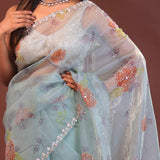 Soft Pale Ice Blue Organza Saree With Scallop Border