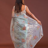 Soft Pale Ice Blue Organza Saree With Scallop Border