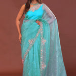 Sky Blue Organza Embroidery Saree With Scallop Border