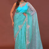 Sky Blue Organza Embroidery Saree With Scallop Border