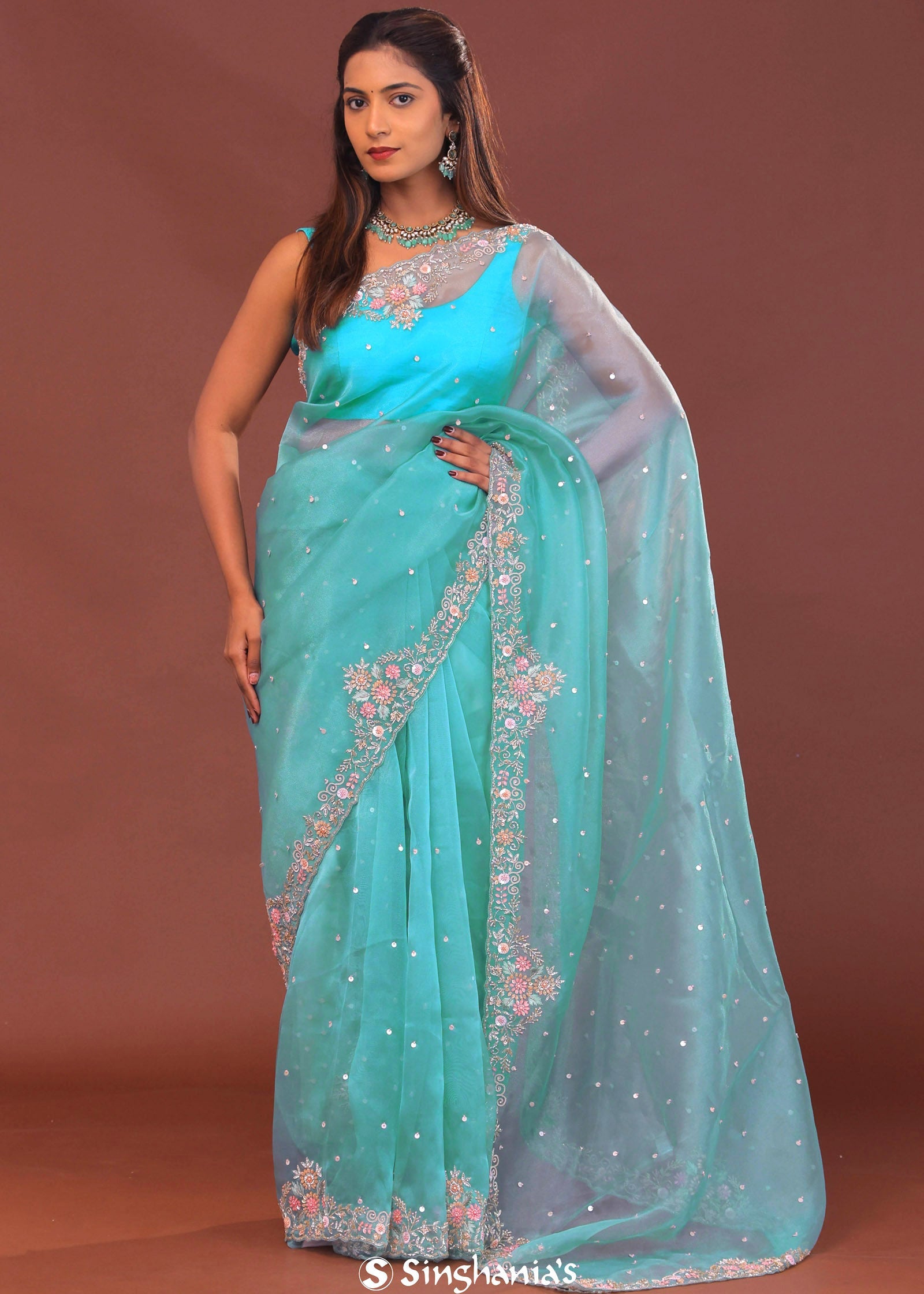 Sky Blue Organza Embroidery Saree With Scallop Border