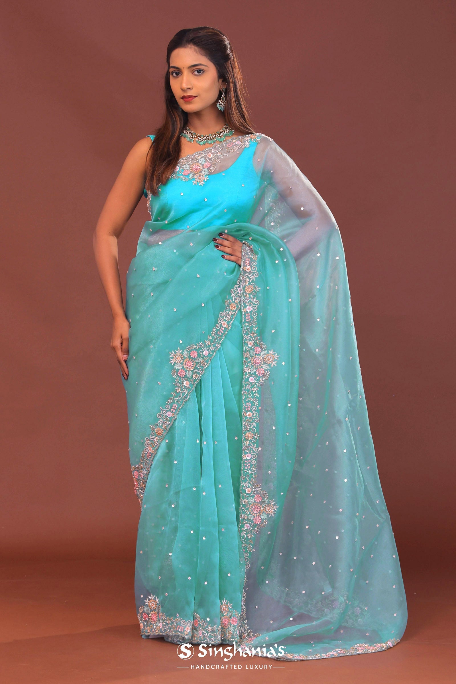 Sky Blue Organza Embroidery Saree With Scallop Border