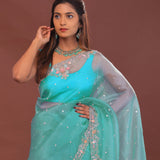 Sky Blue Organza Embroidery Saree With Scallop Border