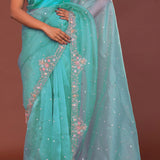 Sky Blue Organza Embroidery Saree With Scallop Border