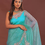 Sky Blue Organza Embroidery Saree With Scallop Border