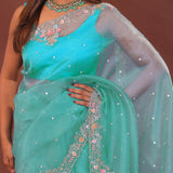 Sky Blue Organza Embroidery Saree With Scallop Border