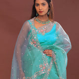 Sky Blue Organza Embroidery Saree With Scallop Border