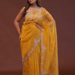 Golden Yellow Organza Embroidery Saree With Scallop Border