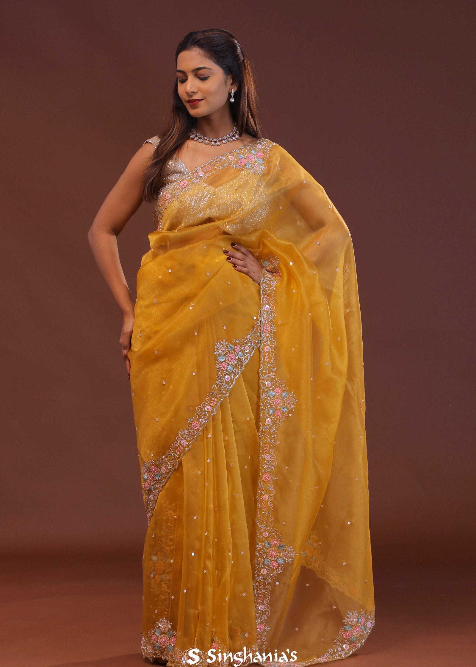 Golden Yellow Organza Embroidery Saree With Scallop Border