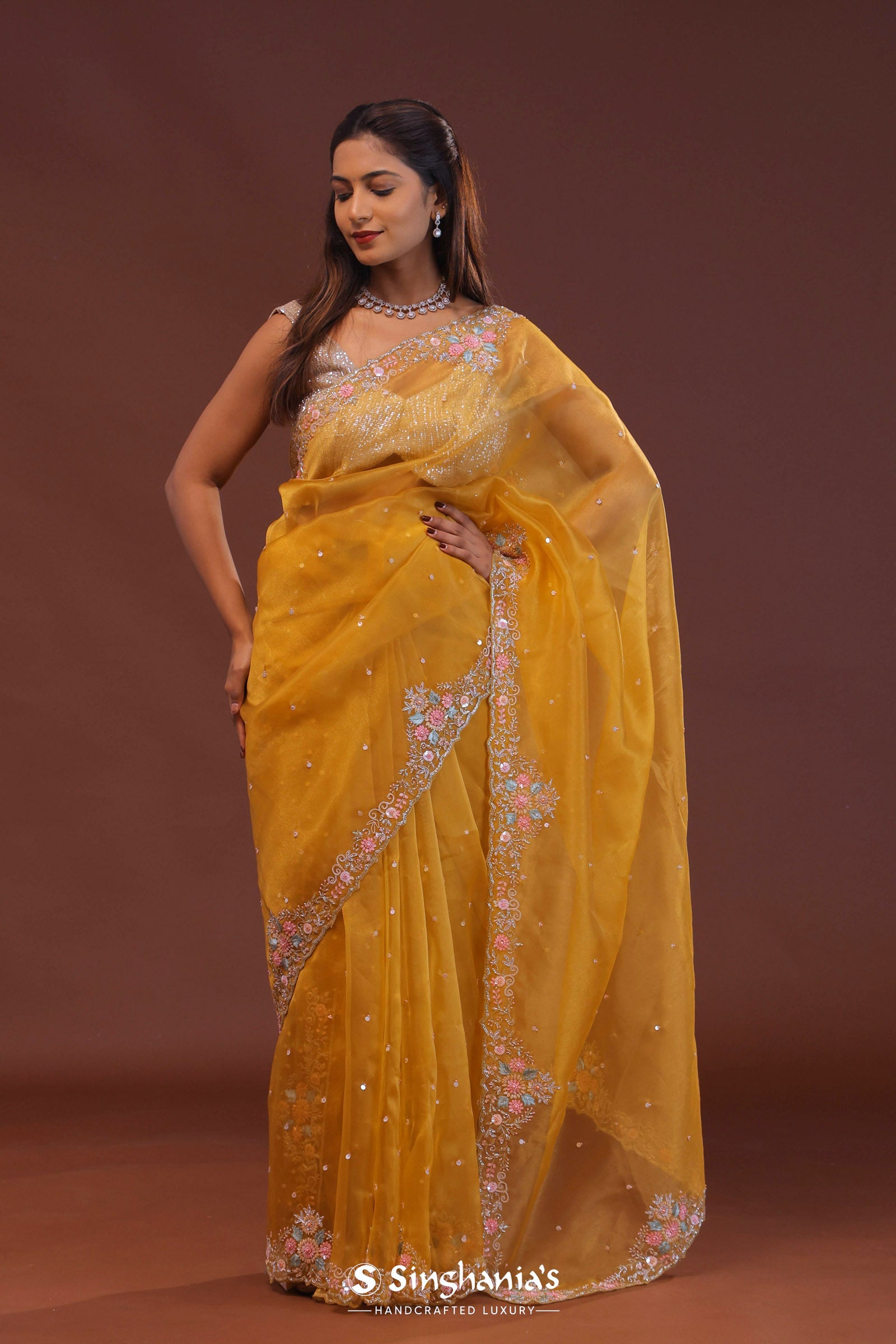 Golden Yellow Organza Embroidery Saree With Scallop Border